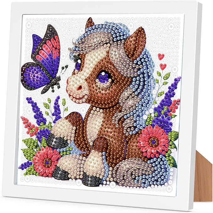 Horse Diamond Art Painting Kits for Kids with Frame, Animal Diamond Art for Kids Ages 4-8-12 with Frame, Easy Small Cute Gem Painting Kit for Gift Home Wall Decoration (7x7 inch)