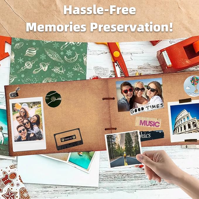 Scrapbook Photo Album,Our Adventure Scrap Book, Embossed Words Hard Cover Movie Up Travel Book for Anniversary, Wedding, Travelling, Baby Shower, etc (Leather Adventure Book)