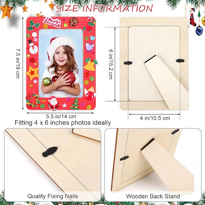 Fovths 12 Packs Christmas Picture Frame Painting Craft Kit Frozen Wooden DIY Photo Frame for 4 x 6 inch Photo with 100 Stickers Rhinestone Stickers 4 Brushes Set for DIY Paint and Decorate