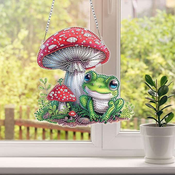 HEIBAGO Frog Diamond Art Hanging Kits for Adults, Mushroom Diamond Art Suncatchers, 5D Special Shape Diamond Painting Pendant,DIY Window Ornament Gifts for Home Garden Door Wall Decor 8.3 x 8.3In