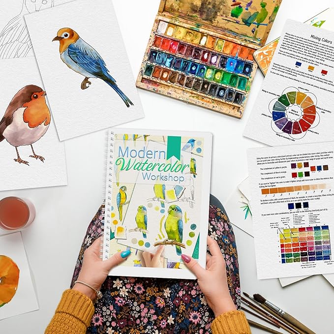 Watercolor Workbook, Watercolor Workbook Paint Book Beginner Friendly, 12 Different Patterns Stress-Relieving Art Crafts for Creative Exploration Gift for Women Adults Teens (Bird, 1)