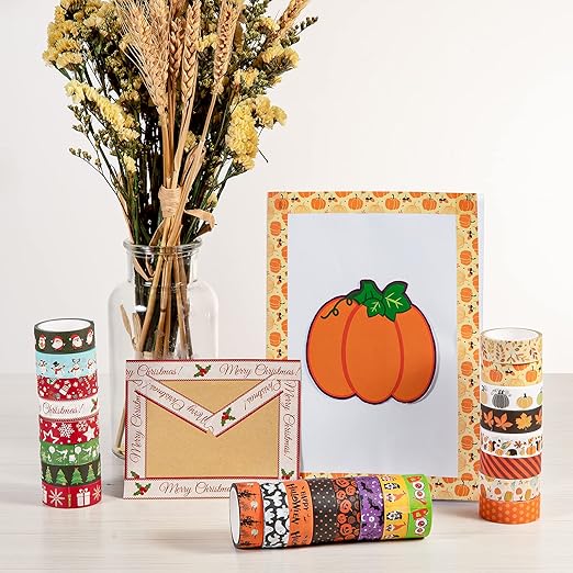 Whaline 24 Rolls Fall Halloween Washi Tape Holiday Washi Tape Set Thanksgiving Fall Leaves Pumpkin Masking Tape Thanksgiving Autumn Winter Christmas Tape for Scrapbook Journal DIY Art Craft