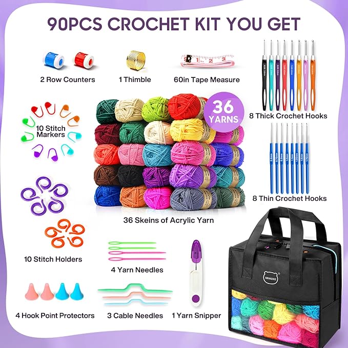 MIAOKE 90 Pcs Portable Crochet Kit with 36 Colors of Crochet Yarn, 36 Crochet Hook Accessories, 16 Crochet Hooks, A Waterproof Knitting Bag and a Storage Bag. Suitable for Beginners and Professionals