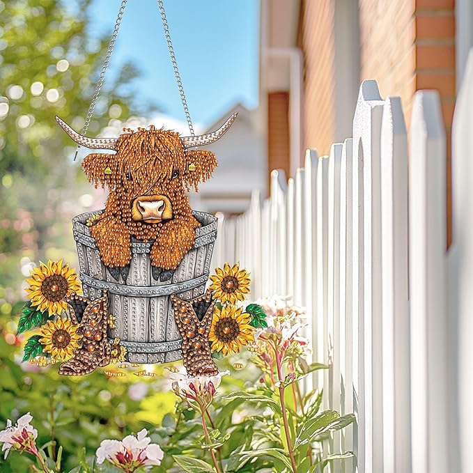 Wergund 5D DIY Cow Diamond Art Hanging Kits, Hanging Diamond Art Sunflower, Acrylic Special Shaped Rhinestone, Window Hanging Pendants for Home Wall Garden Front Door Outdoor Decor Gift(Cow)