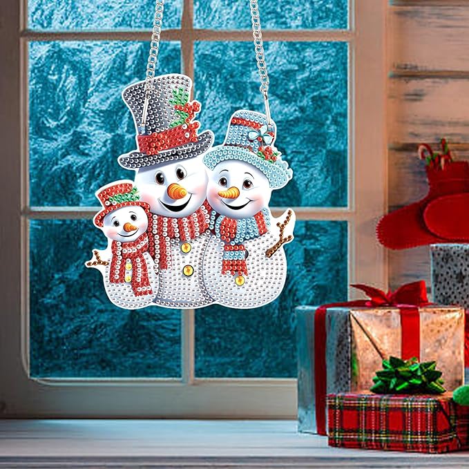 AiYuanzsh Christmas 5D Diamond Painting Ornament, Christmas Snowman Diamond Art Kits Hanging Pendant with Chain for Christmas Home Wall Window Decor, Adults DIY Art Craft