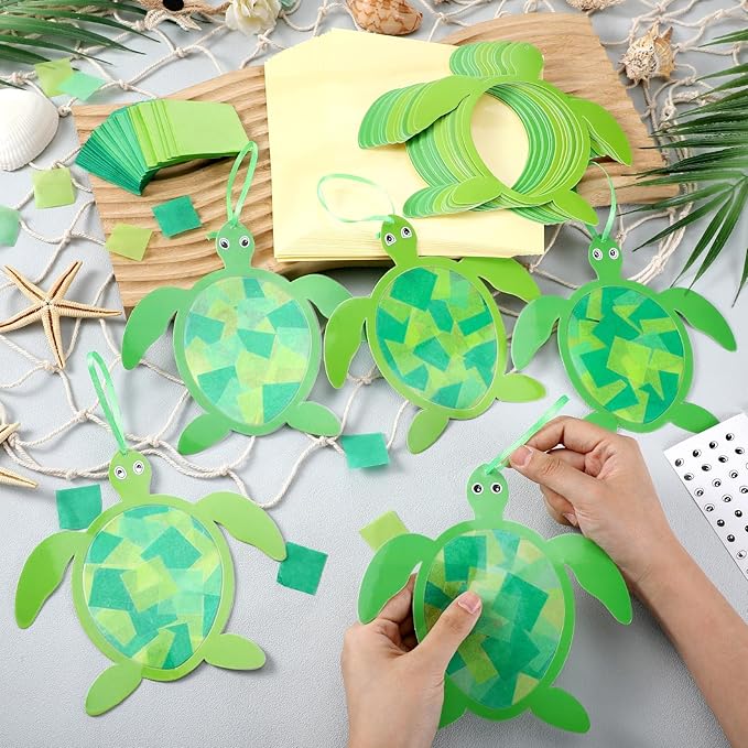 30 Pcs Sea Turtle Suncatchers Paper Craft Set Ocean Tortoise DIY Stained Glass Effect Tissue Paper Kits Gift Bulk for Summer Activities Art Party Decor