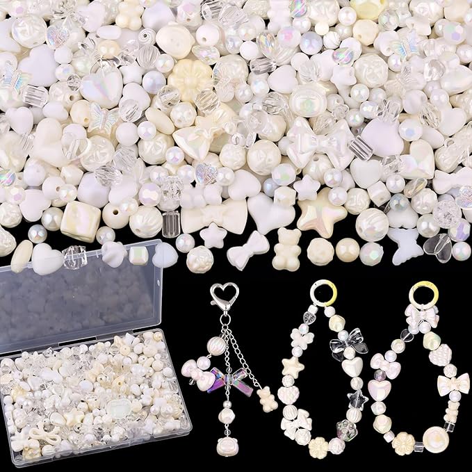 200-260PCS TINKRSTUFF Assorted Acrylic Beads White Cute Beads for Bracelet Making,Bow Aesthetic Star Flower Butterfly GummyBear Kawaii Charms for Jewelry Necklace Making DIY Keychain Phone Charm