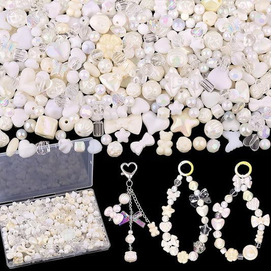 200-260PCS TINKRSTUFF Assorted Acrylic Beads White Cute Beads for Bracelet Making,Bow Aesthetic Star Flower Butterfly GummyBear Kawaii Charms for Jewelry Necklace Making DIY Keychain Phone Charm