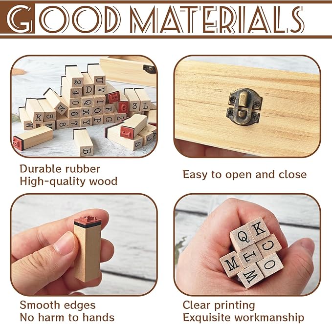 36 Pcs Wooden Rubber Number Alphabet Stamps,Rubber Vintage Letter Stamps Kit,Stamper Seal Set with Wooden Box for Crafting,Scrapbooking,Journaling,Card Making