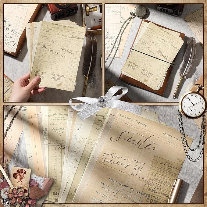 Zonon 114 Pieces 2 Sets Junk Journal Pages Vintage Ephemera Pack Craft Paper Junk Journal Vintage Paper for Albums Planner Decorative Crafts Embellishment Supplies (Yellowed Letters)