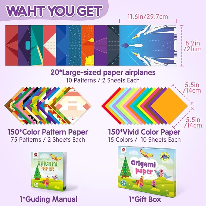 Mocoosy 320 Sheets Origami Kit for Kids Ages 5-8 9-12, Paper Airplane Kit, Folding Paper Set with Origami Book, Art & Craft for Boys Girls, Travel Game Airplane Car Road Trip Activity Toy Easter Gifts