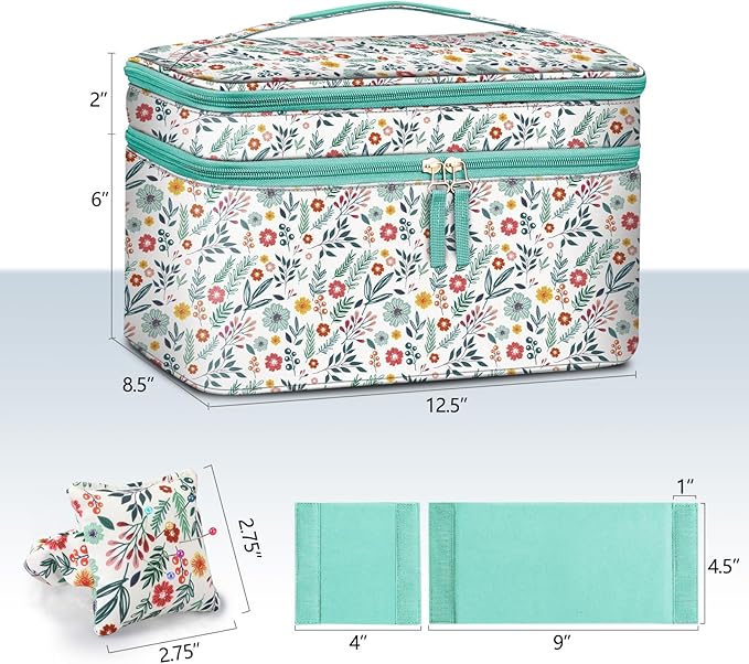 FINPAC Sewing Accessories Storage and Organizer Case, Double-Layer Sewing Kits Carrying Bag with Wrist Pin Cushion for Threads, Needles, Embroidery Floss Supplies, Felting Kits (Spring Bloom)