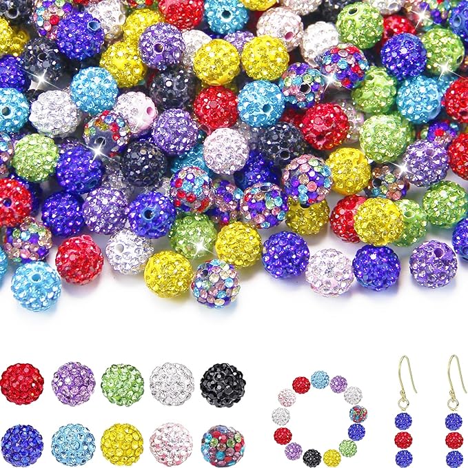 100 Pcs 10mm Rhinestone Beads for Jewelry Making, Mixed Shiny Round Shamballa Disco Baseball Necklace Beads Sparkle Crystal Clay Pave Rhinestones Bead for DIY Bracelet Earring keychain Making Supplies