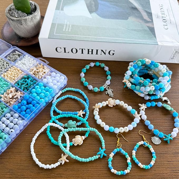1960Pcs Ocean Beads for Bracelets Making Kit, Blue and White Summer Beach Bead for Jewelry Making, Sea Turtle Seashell Starfish Shape Beads 8mm Round Seed Bead for DIY Craft Bracelets Earring