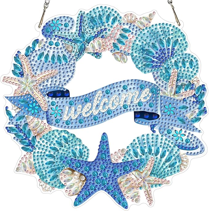MXJSUA Wreath Seashells Starfish Diamond Painting Art Window Suncatchers, Diamond Art Kits for Adults Hanging Ornaments with Chain, 5D Special Shape Crystal Diamond Pendant Accessories for Decor Gift