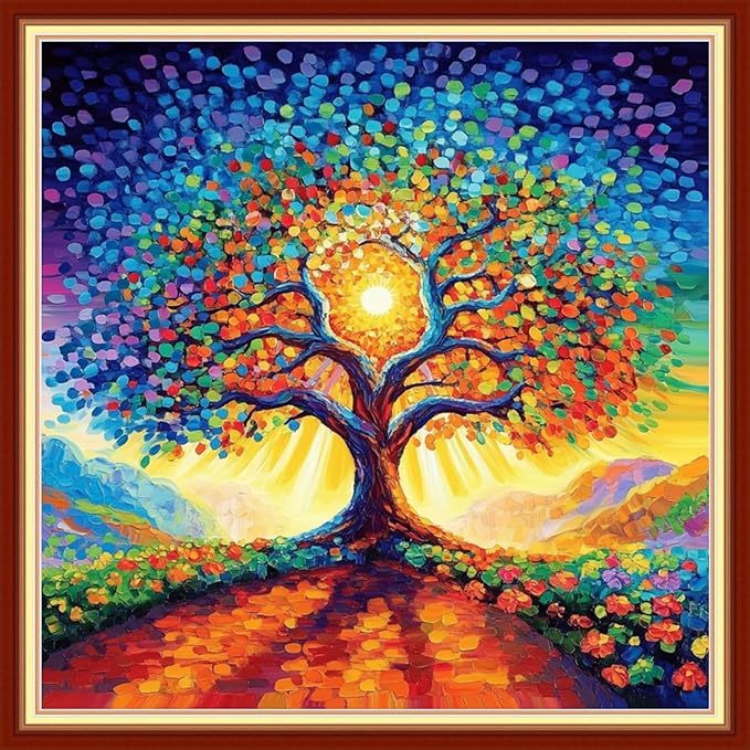 Redxing Stamped Cross Stitch Kits Embroidery kit for Beginners Adults Full Range of Embroidery Patterns Starter Kits DIY Printed Cross Stitch Kits Needlepoint Kits 11CT-Magical SunTree 18x18 inchs