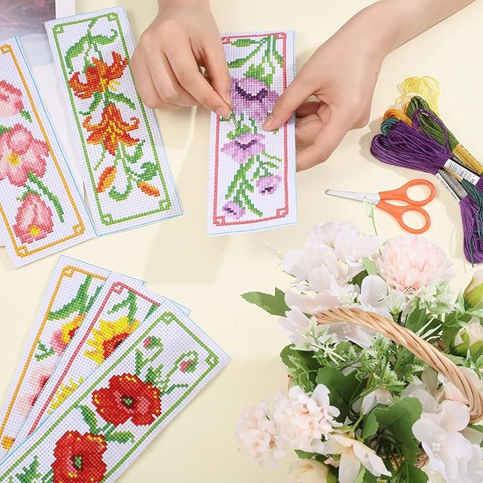 ORIGACH 6 Set Flowers Cross Stitch Bookmark Kit for Beginner with Backing Felt Floss Instructions DIY Stamped Embroidery Bookmark Kit for Adults, Book Lovers