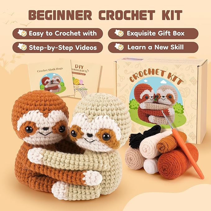 Crochet Kit for Beginners, Emotional Positive Support Crochet Gift, Hug Sloths Crochet Animal Kit, Easy Crochet Kits for Adults, DIY Craft Crochet Gift Birthday, Valentine's Day, Christmas