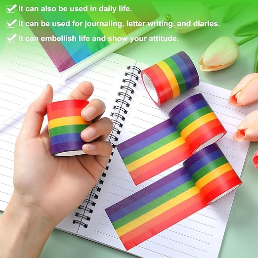 Eaasty 4 Rolls Rainbow Washi Tape 2 in x 9.84 yd Vibrant Bright Colors Pride Tape DIY Arts Crafts Journal Scrapbook Rainbow Sticker Gift Wrapping Gay Progress Stripe Flag LGBTQ Gift Parade Decoration