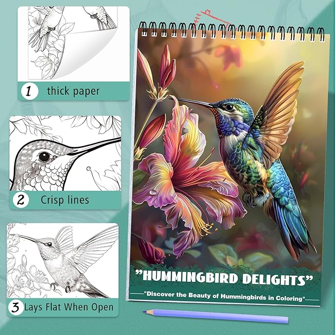 CKMOREL Humming Bird Adult Coloring Book Spiral Bound Mindfulness Adult Coloring Book for Women Relaxation Spiral Bound Lay Flat, Single-Sided Print with 24 Pages, Anxiety Relief Gifts Relaxation