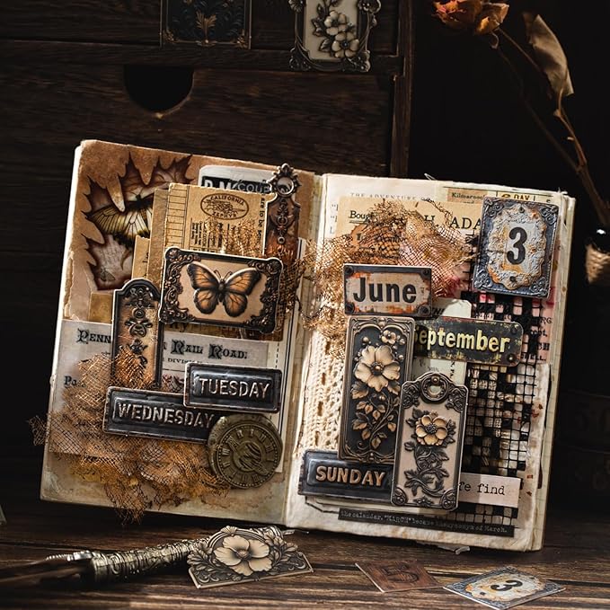 Metal Imprint Stickers Set – 120PCS Vintage Faux Embossed Label Stickers Featuring Writable Self-Adhesive Tags for Scrapbook Junk Journal DIY Crafts