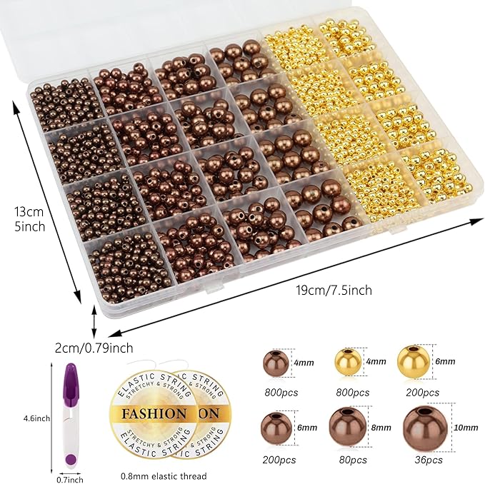 2116 PCS Pearl Beads for Bracelet Making Kit Gold Beads for Jewelry Making Kit Gold Small Spacer Bead Brown Pearl Bead for Crafting Charms Necklace Earrings DIY Craft for Women Adult