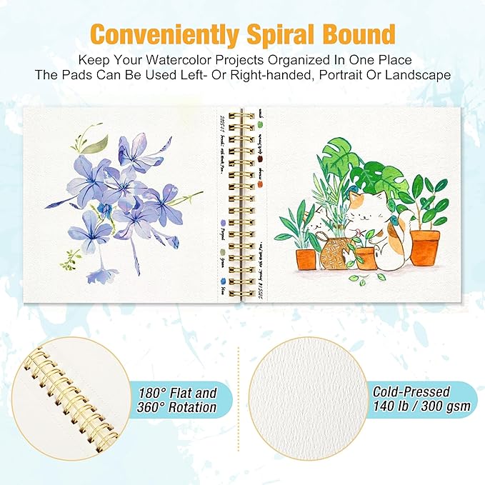 Creazic 2-Pack 5.5"x5.5" Square Watercolor Sketchbook (140lb/300g) | Premium Artist Paper, Spiral Bound & Micro-Perforated | Portable Travel Pad for Watercolor, Hand Lettering, Sketches, Kids & Adults