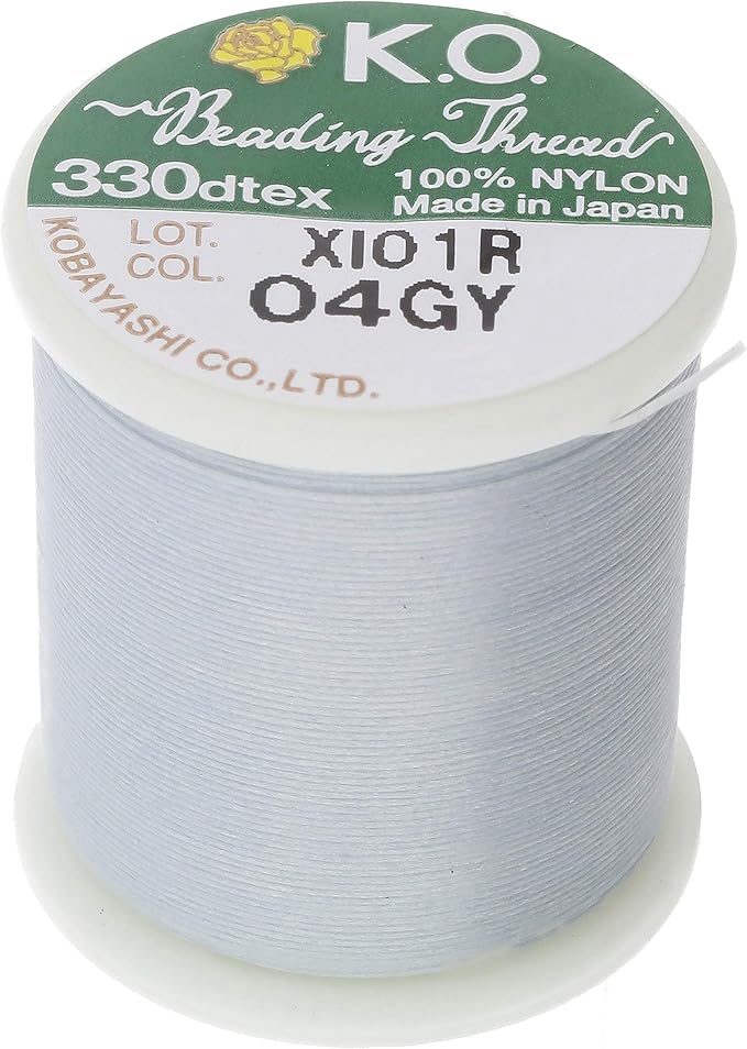 KO Nylon Beading Thread, Light Grey Color, Japanese Pre-Waxed 100% Nylon, 330TEX, Tangle Resistant Knotting Cords, 50m /55 yds Spool, Use for Seed Bead Projects, Loom Work & Bead Weaving