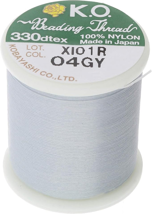 KO Nylon Beading Thread, Light Grey Color, Japanese Pre-Waxed 100% Nylon, 330TEX, Tangle Resistant Knotting Cords, 50m /55 yds Spool, Use for Seed Bead Projects, Loom Work & Bead Weaving