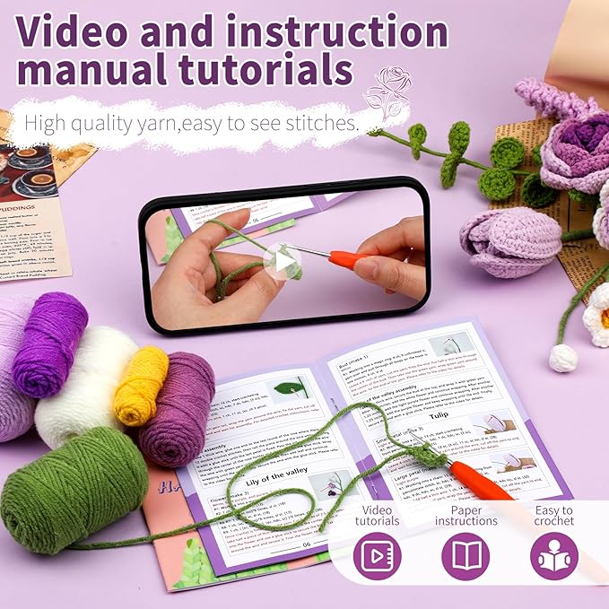 Kogyxe Crochet Kit for Beginners, Purple Rose Crochet Flowers for Adults with Step-by-Step Video Tutorials, DIY Crochet Bouquet Kits Knitting Supplies Include Floral Wire, Newspaper