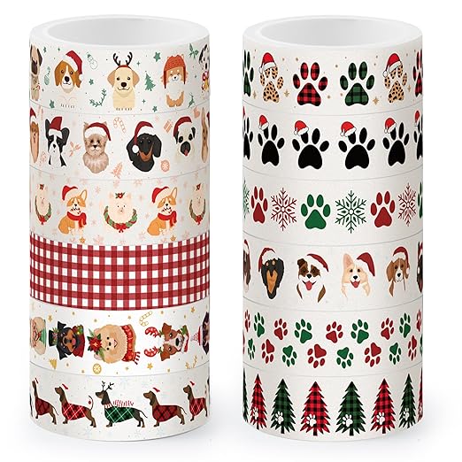 Christmas Dog Washi Tape - 12 Roll Christmas Hat and Dog Paw Pack Double Sided Scrapbook Masking Washi Tape School Office Scrapbooking Scrapbook Supplies Adhesive Glue Diy Craft Gift Wrapping