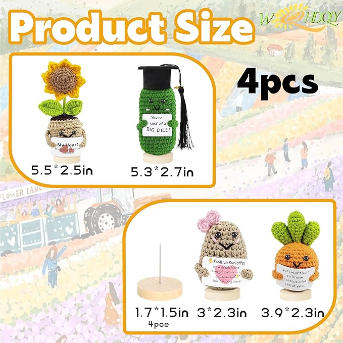 Crochet Potato Bag and Emotional Support Vegetable Bag Combination with Base. Handmade Crochet Cute Vegetables, Perfect for Offices, Universities, Colleagues, Friends, New Year (4PCS)