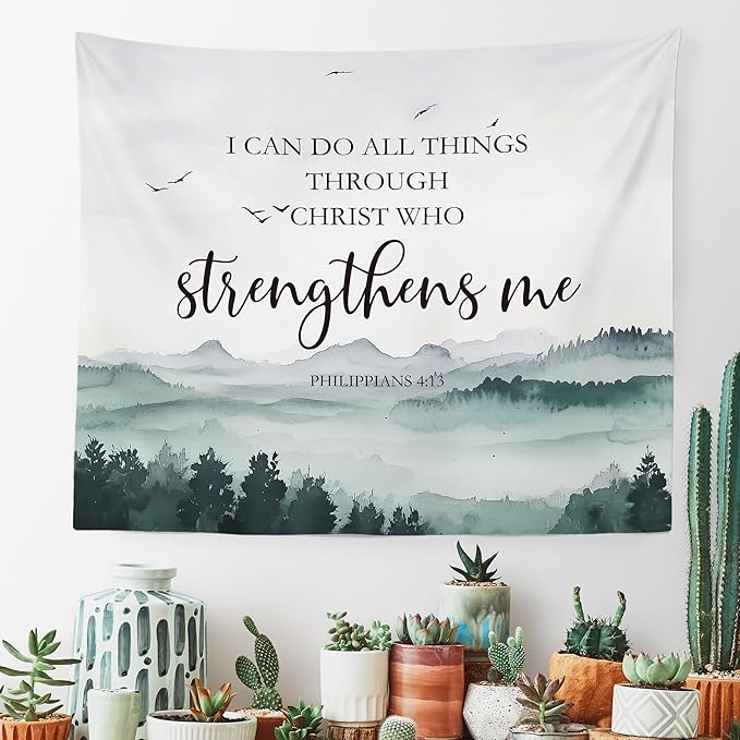 MNASAIOO Christian Mountian Wall Tapestry Hanging for Bedroom,Bible Verse I Can Do All The Things through Christ Who Strengthens Me Tapestry,Rustic Tapestries Wall Decor for Living Prayer Room 50x60in
