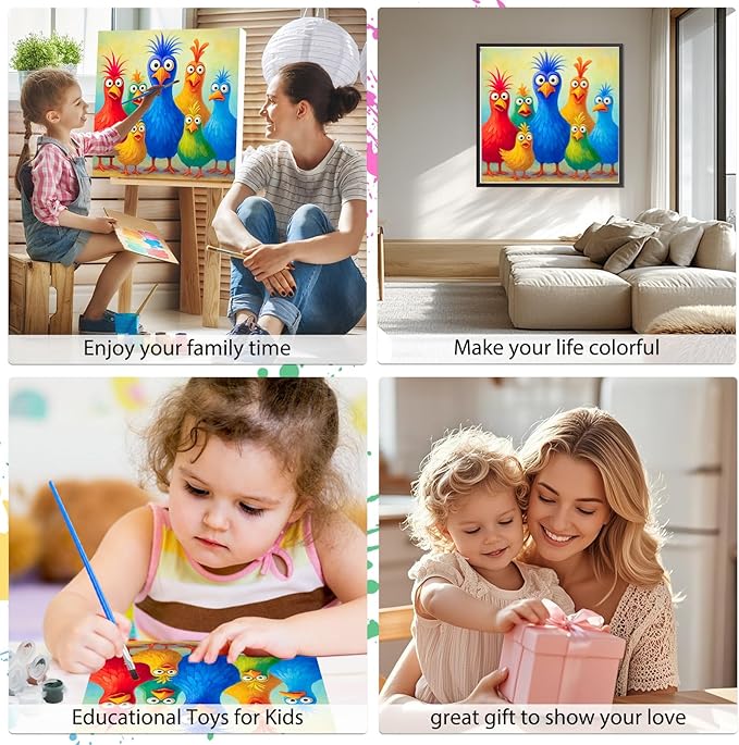 EOBROMD Framed Paint by Numbers Kits for Adults - Wooden Easel, Chicken DIY Kits Crafts for Beginner, Painting on Stretched Canvas, Oil Paint by Numbers for Home Decor Gift 10x10 Inch