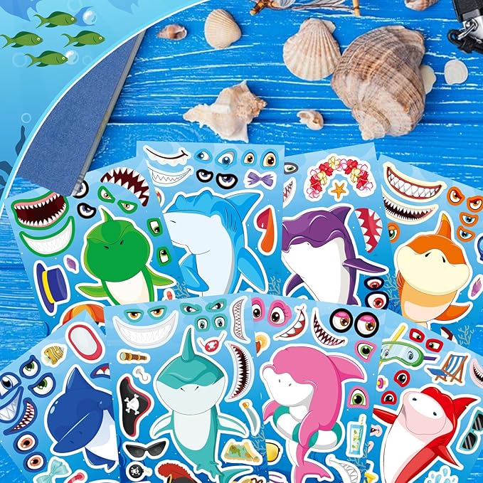 24 sheets make your own shark stickers for kids toddlers, sea ocean animals birthday party favors activities