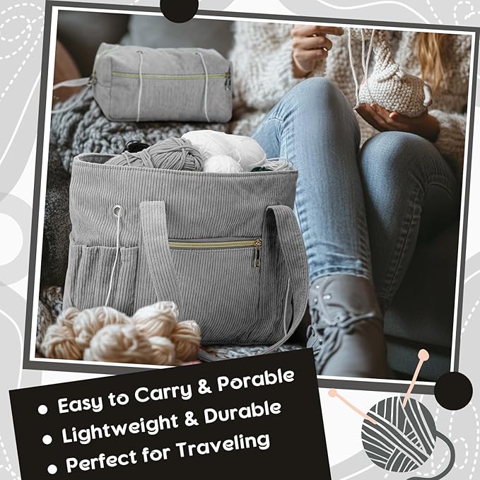 Bulyoou 2 Pcs Crochet Bag and Tote Set Corduroy Yarn Bag Crochet Tote Bag for Crochet Hooks Organizer Yarn Holder for Crochet Lovers Knitting Bag Crochet Accessories(Grey)