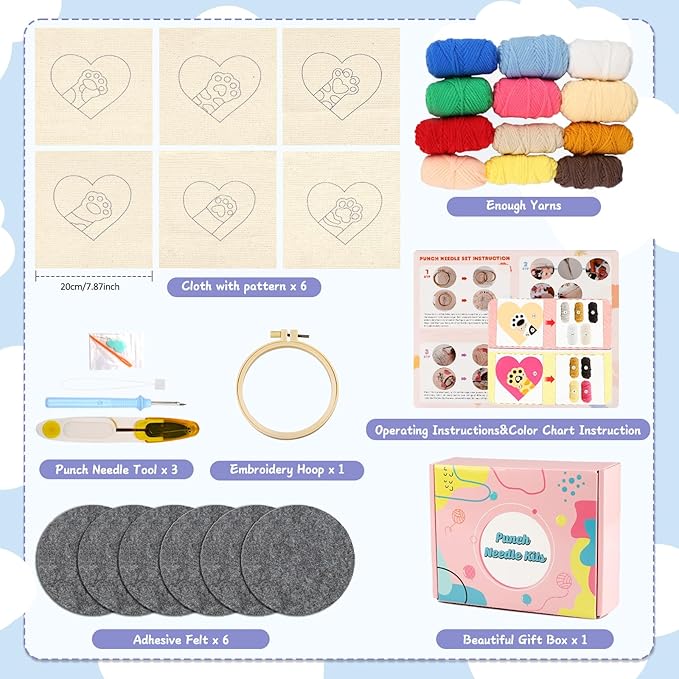 AIRDEA Punch Needle Drink Coasters Kit,Casual Punch Needle Embroidery Complete Kits for Beginner 3.29x3.29 Inches,Included All Accessories,DIY Car Coasters (Box-red Blue Beige)