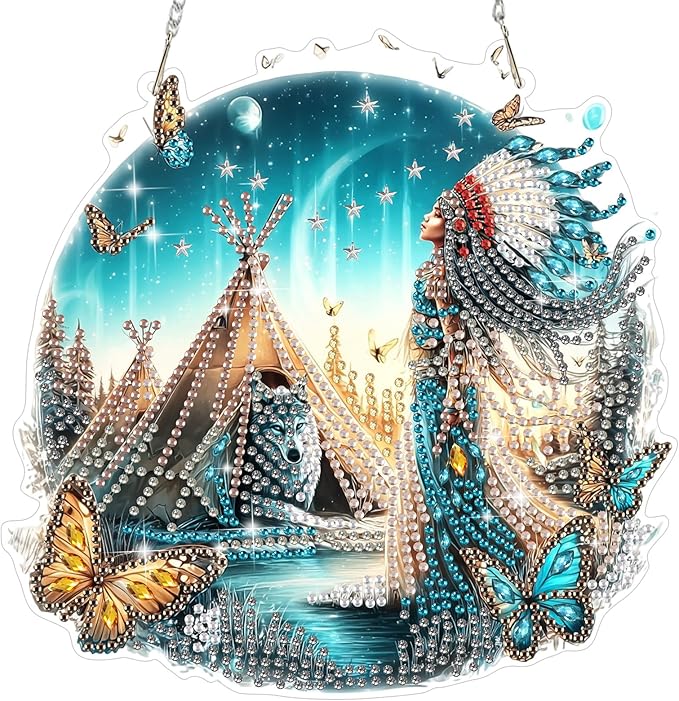 MEIYUDA Native American Diamond Art Hanging Kits for Adult, Landscape Wolf Diamond Painting Hanging Kits Ornaments, DIY Special Shaped Rhinestone Window Pendants Kit for Home Garden Wall Decor Gift