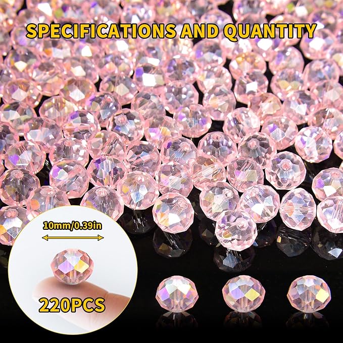 laopottbeads 220pcs 10mm crystal glass beads for jewelry making beads for bracelets necklace pendants making supplies(pink)