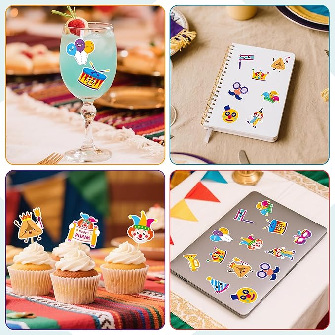 beyumi happy purim sticker roll - 1000pcs happy purim stickers in 2 rolls cute waterproof vinyl masque crown jewish holiday celebration decals gift carnival party laptop bottle scrapbooking decor kids