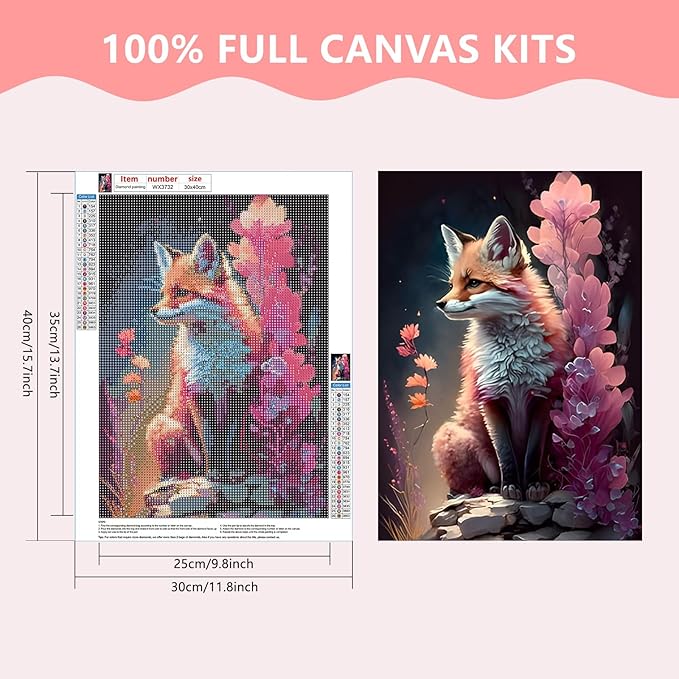 SENQAO Fox Diamond Painting Kits for Adults Kids, Lovely Fox DIY 5D Round Full Drill Diamond Art, Diamond Pianting Picture Arts Craft for Home Wall Art Decor 12x16inch