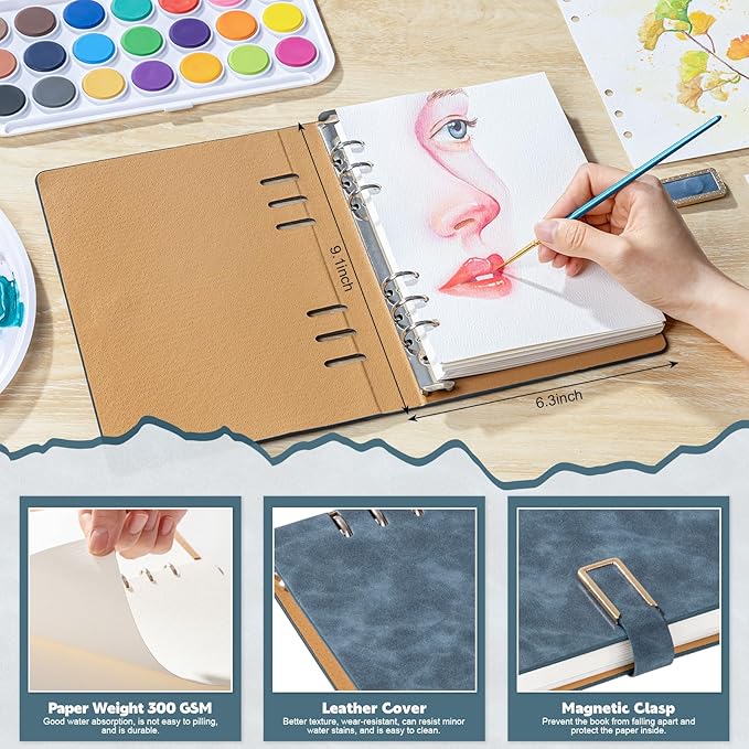 Prudiut 30 Sheets Watercolor Sketchbook, 140 lb/300 GSM Watercolor Journal Cold Press Watercolor Paper Watercolor Notebook for Painting, Drawing, Mixed Media(9.1x6.3 in)