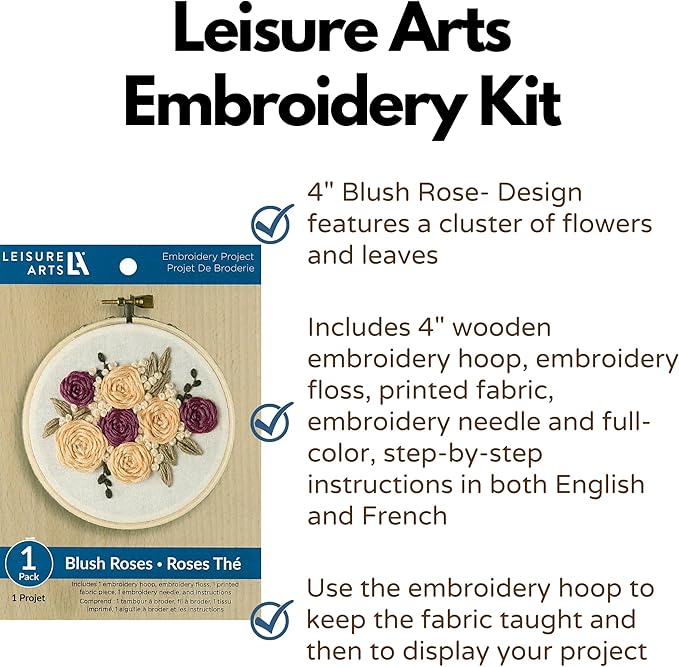 LEISURE ARTS Embroidery Kit 4" Blush Rose (French) - Embroidery Kit for Beginners and Adults, Cross Stitch Kits with Patterns, DIY Starter Set for Seasonal Craft Projects