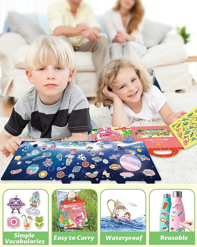 walenced reusable sticker book for toddlers, stickers for kids, toddler sticker book, toddler craft activities, toddler travel toys ages 3 and up boy girl birthday gifts