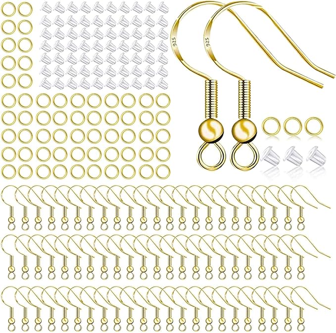 hypoallergenic earring hooks 500 pcs/75 pairs, earring making kit,ear wires fish hooks with jump rings and clear silicone backs stoppers