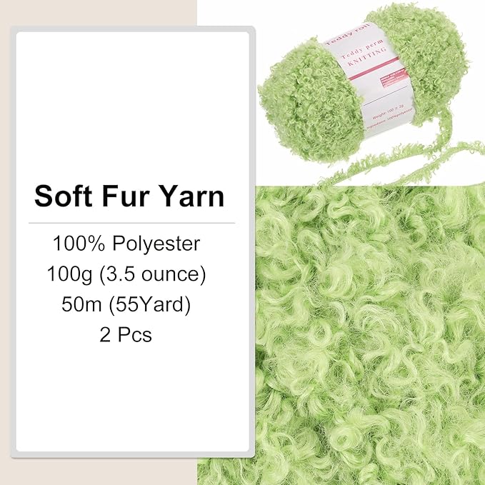MECCANIXITY 2 Skeins Fur Yarn Soft Fluffy Chunky Yarn Fuzzy Eyelash Yarn Green for Crocheting Knit Clothes Bag - 55Yard/50m, 3.11ozx2