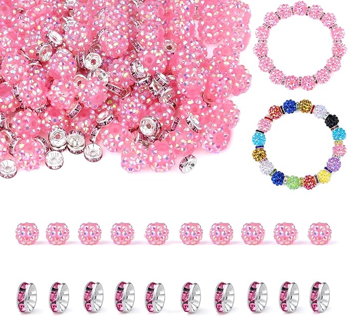 LAIDANLA 250pcs 12mm Pink Rhinestone Beads and 8mm Rondelle Spacer Beads for Beaded Pens, Sparkly Shamballa Disco Ball Bead for Bracelets Making Necklaces Earring DIY Craft