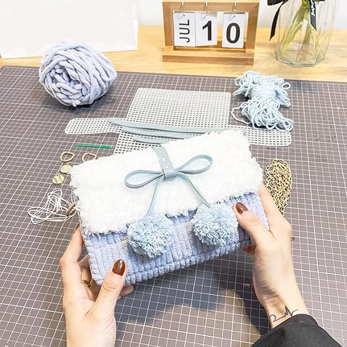 Allazone 58 PCS Clear Plastic Mesh Canvas Sheets for Embroidery, Plastic Mesh Sheets Plastic Canvas with 12 Color Acrylic Yarn for DIY Sewing Bag
