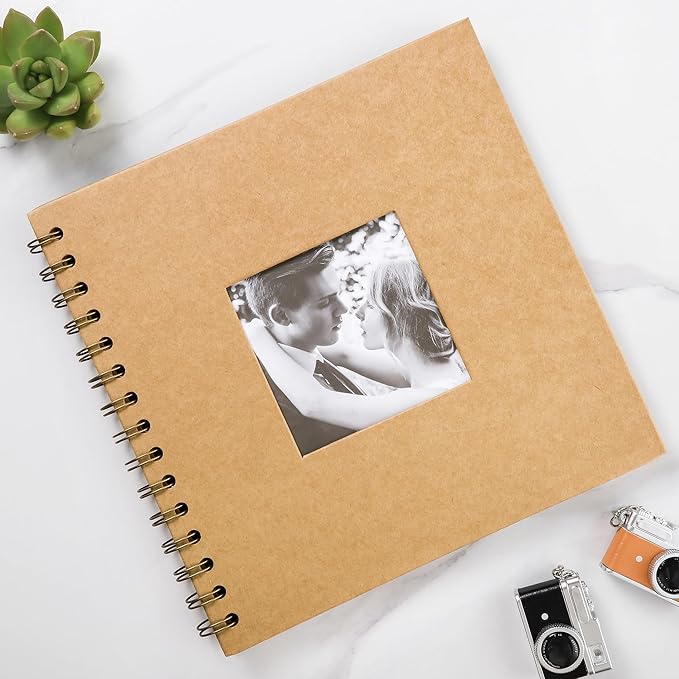 Scrapbook 8 x 8 Inch DIY Square Photo Window + 3 Corner Stickers, Photo Album Hardcover Kraft Paper Brown 20 Sheets/ 40 Pages