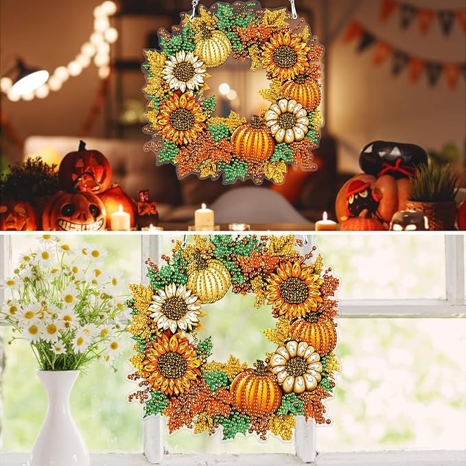 MXJSUA Halloween Special Shaped Hanging Pumpkins Wreath Diamond Painting Art Kits for Adults, Crystal Rhinestone Acrylic Gem Art Sunflowers Pendant Ornaments Kit for Home Decor and Gift 7.7*7.7 Inch
